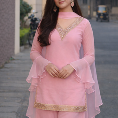 Baby Pink Georgette Kurta Set with Palazzo & Dupatta – Gold Embroidered Border