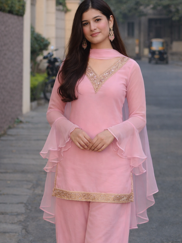 Baby Pink Georgette Kurta Set with Palazzo & Dupatta – Gold Embroidered Border