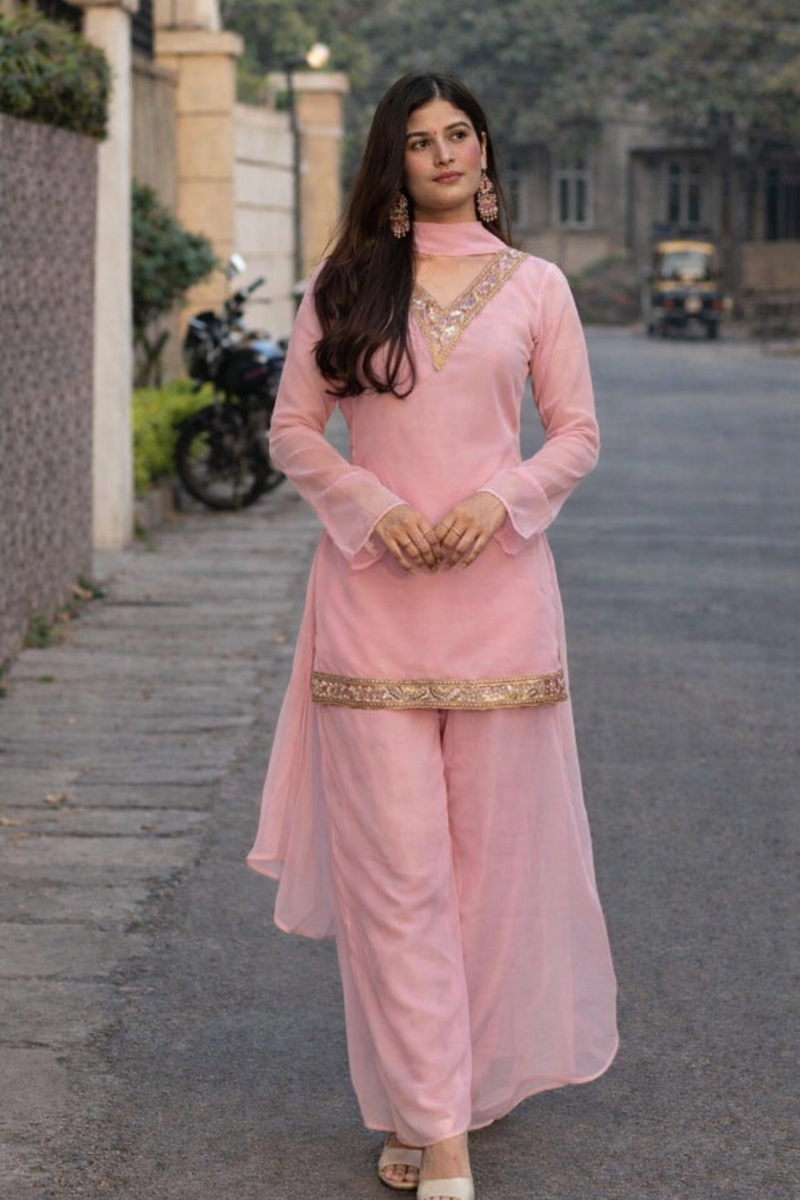 Baby Pink Georgette Kurta Set with Palazzo & Dupatta – Gold Embroidered Border