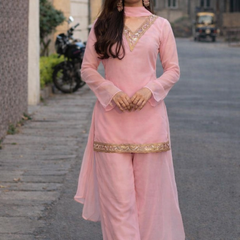 Baby Pink Georgette Kurta Set with Palazzo & Dupatta – Gold Embroidered Border