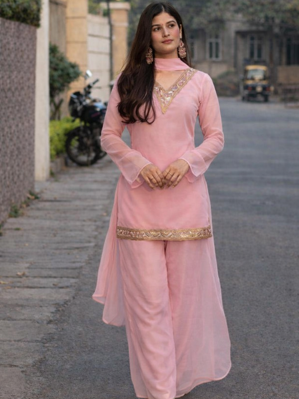 Baby Pink Georgette Kurta Set with Palazzo & Dupatta – Gold Embroidered Border