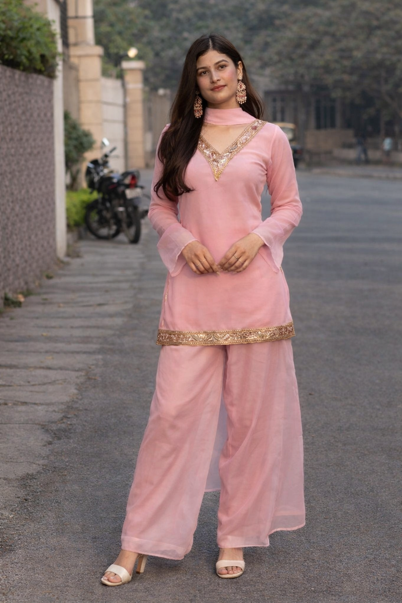 Baby Pink Georgette Kurta Set with Palazzo & Dupatta – Gold Embroidered Border