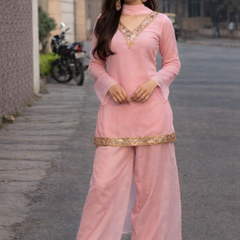 Baby Pink Georgette Kurta Set with Palazzo & Dupatta – Gold Embroidered Border