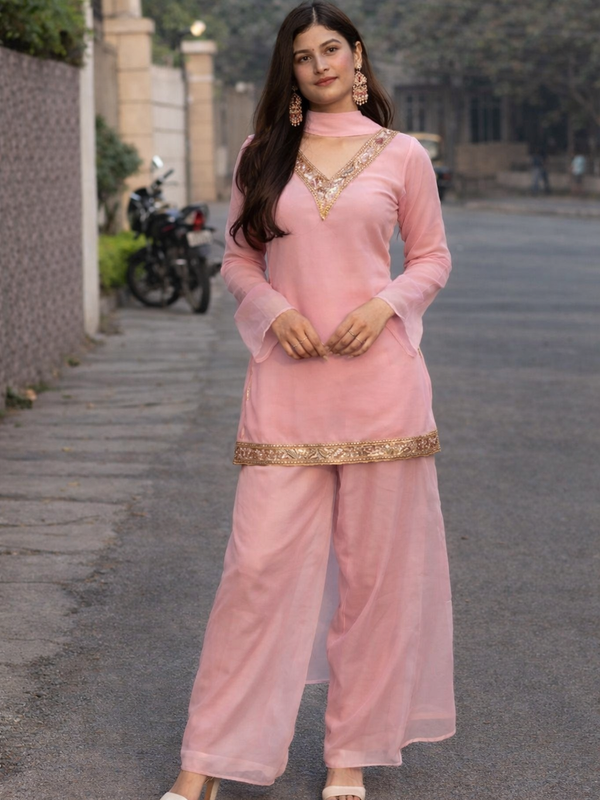Baby Pink Georgette Kurta Set with Palazzo & Dupatta – Gold Embroidered Border