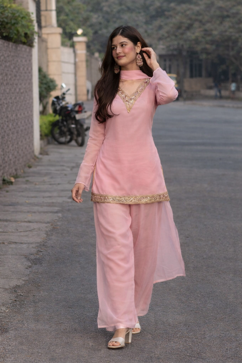 Baby Pink Georgette Kurta Set with Palazzo & Dupatta – Gold Embroidered Border