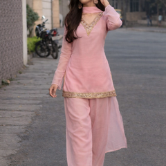 Baby Pink Georgette Kurta Set with Palazzo & Dupatta – Gold Embroidered Border