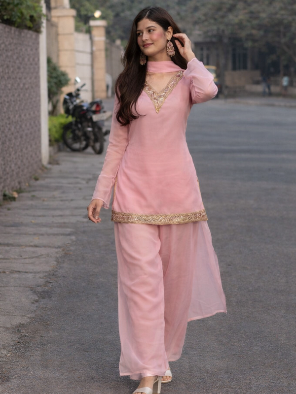 Baby Pink Georgette Kurta Set with Palazzo & Dupatta – Gold Embroidered Border