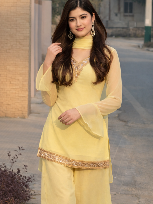 Lemon Yellow Georgette Kurta Set with Palazzo & Dupatta – Gold Embroidered Border