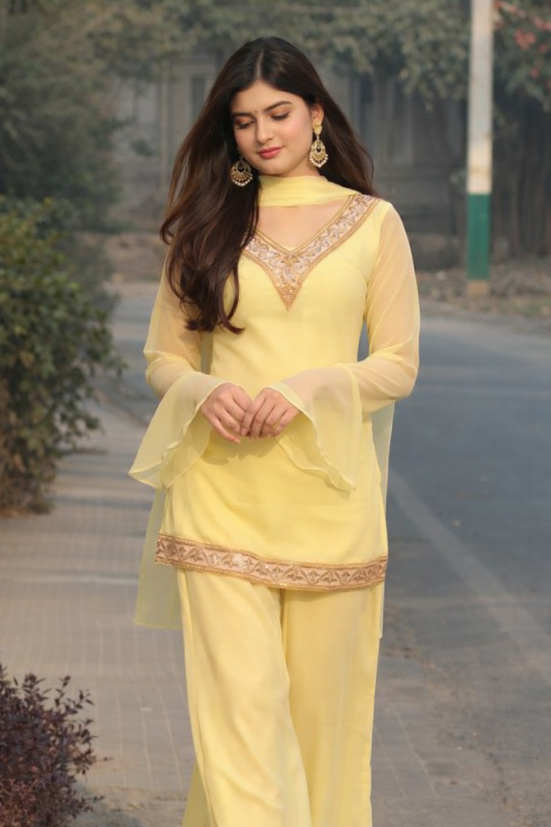 Lemon Yellow Georgette Kurta Set with Palazzo & Dupatta – Gold Embroidered Border