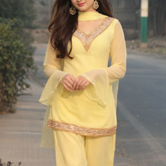 Lemon Yellow Georgette Kurta Set with Palazzo & Dupatta – Gold Embroidered Border