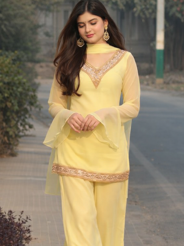 Lemon Yellow Georgette Kurta Set with Palazzo & Dupatta – Gold Embroidered Border