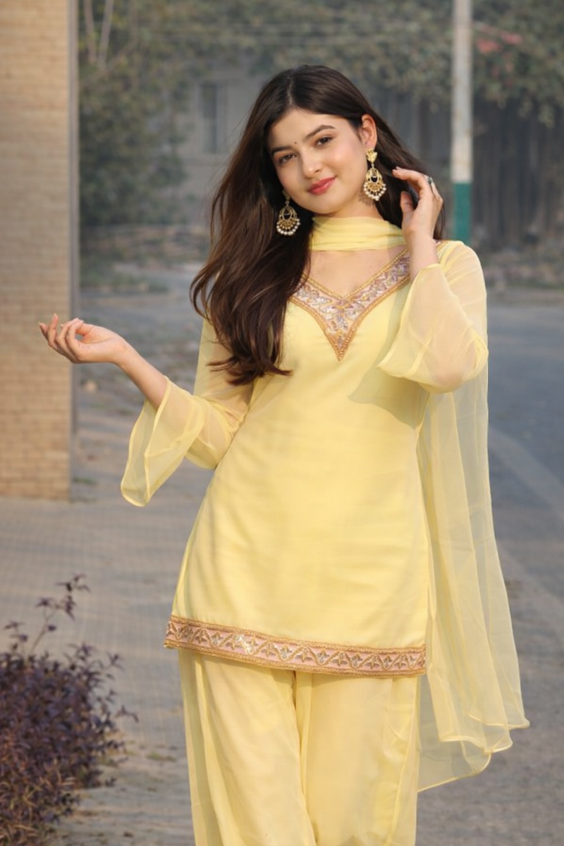 Lemon Yellow Georgette Kurta Set with Palazzo & Dupatta – Gold Embroidered Border