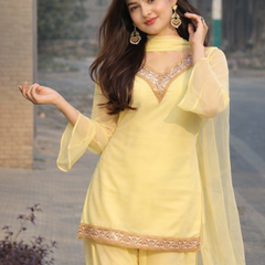 Lemon Yellow Georgette Kurta Set with Palazzo & Dupatta – Gold Embroidered Border