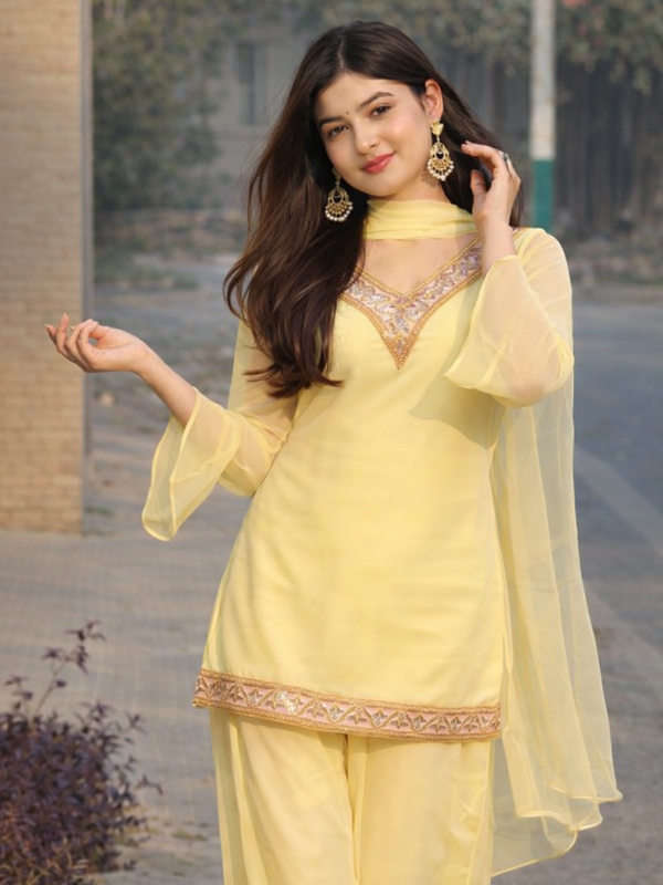 Lemon Yellow Georgette Kurta Set with Palazzo & Dupatta – Gold Embroidered Border