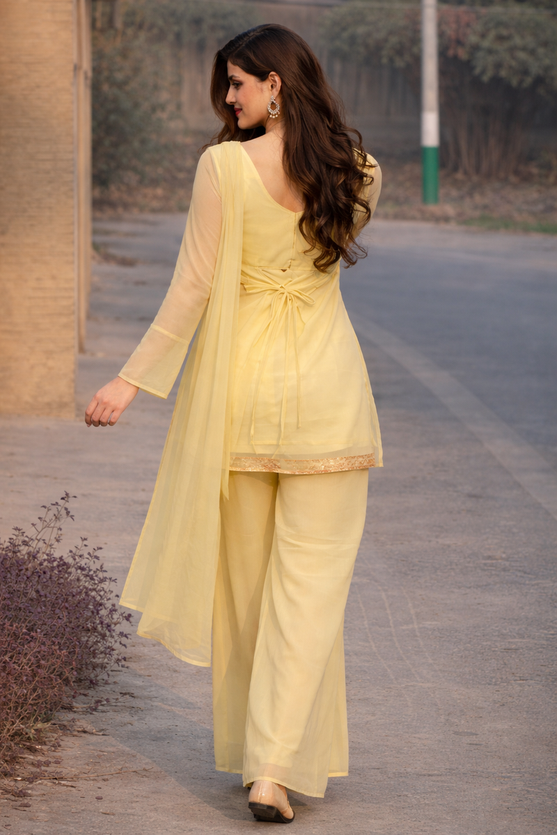 Lemon Yellow Georgette Kurta Set with Palazzo & Dupatta – Gold Embroidered Border