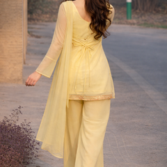 Lemon Yellow Georgette Kurta Set with Palazzo & Dupatta – Gold Embroidered Border