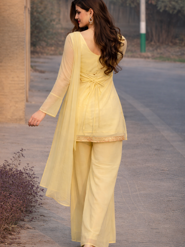 Lemon Yellow Georgette Kurta Set with Palazzo & Dupatta – Gold Embroidered Border