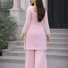 Blush Pink Georgette Kurta Set with Palazzo & Dupatta – Gold Embroidered Border