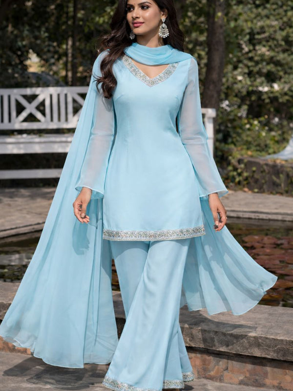 Blue Embellished Kurta with Flared Palazzo Set
