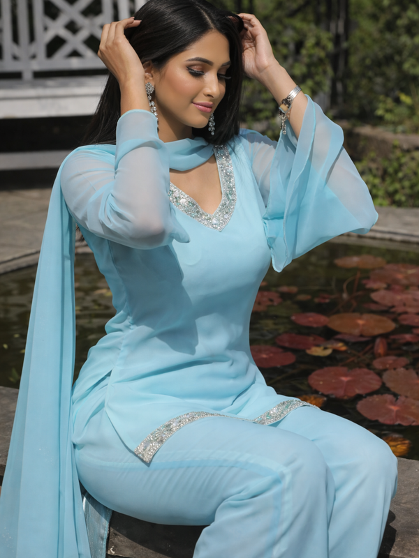 Blue Embellished Kurta with Flared Palazzo Set