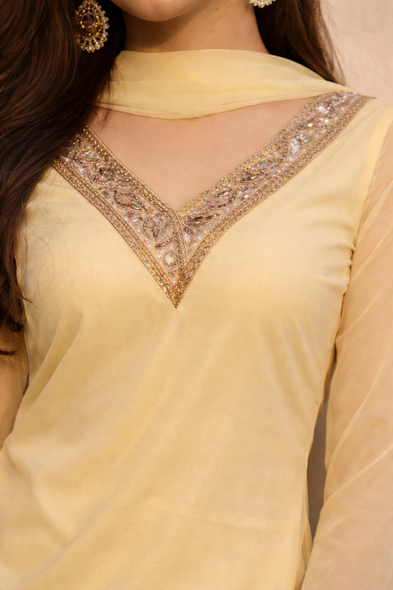 Lemon Yellow Georgette Kurta Set with Palazzo & Dupatta – Gold Embroidered Border