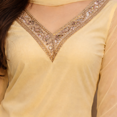 Lemon Yellow Georgette Kurta Set with Palazzo & Dupatta – Gold Embroidered Border