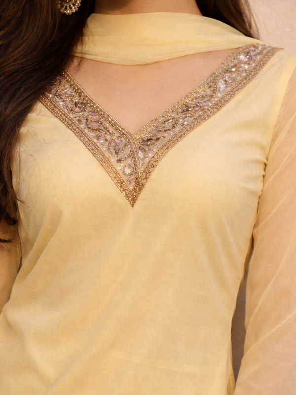 Lemon Yellow Georgette Kurta Set with Palazzo & Dupatta – Gold Embroidered Border