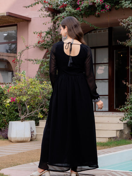 Poshak Hub Women Black georgette Aari work A-Line Kurta with Sharara