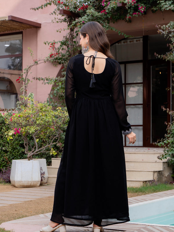 Poshak Hub Women Black georgette Aari work A-Line Kurta with Sharara