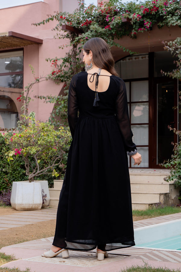 Poshak Hub Women Black georgette Aari work A-Line Kurta with Sharara