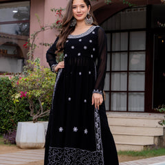 Poshak Hub Women Black georgette Aari work A-Line Kurta with Sharara