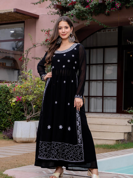 Poshak Hub Women Black georgette Aari work A-Line Kurta with Sharara
