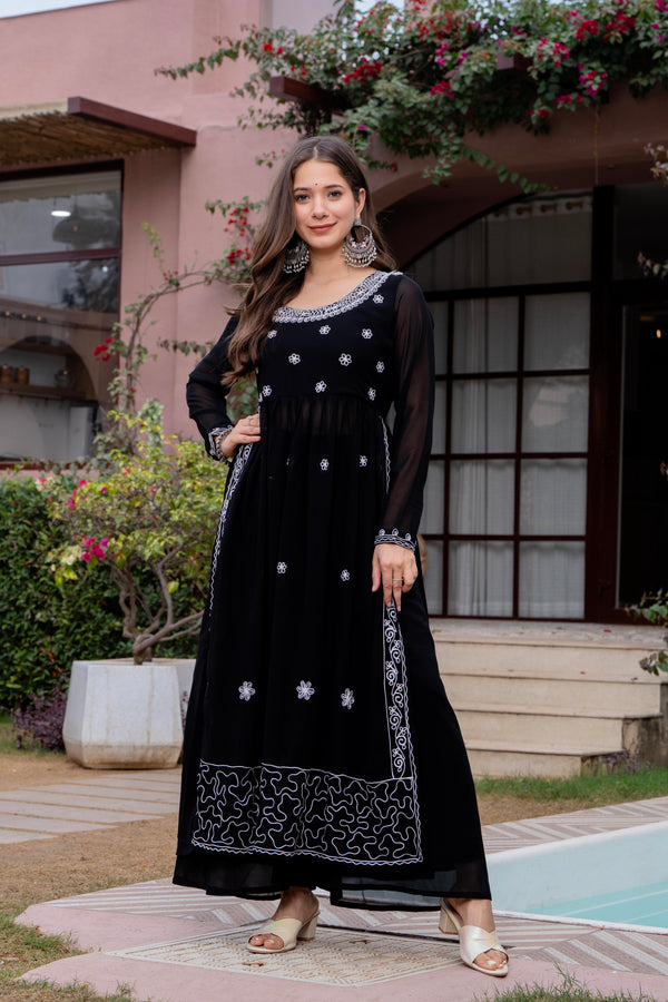 Poshak Hub Women Black georgette Aari work A-Line Kurta with Sharara