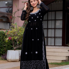 Poshak Hub Women Black georgette Aari work A-Line Kurta with Sharara