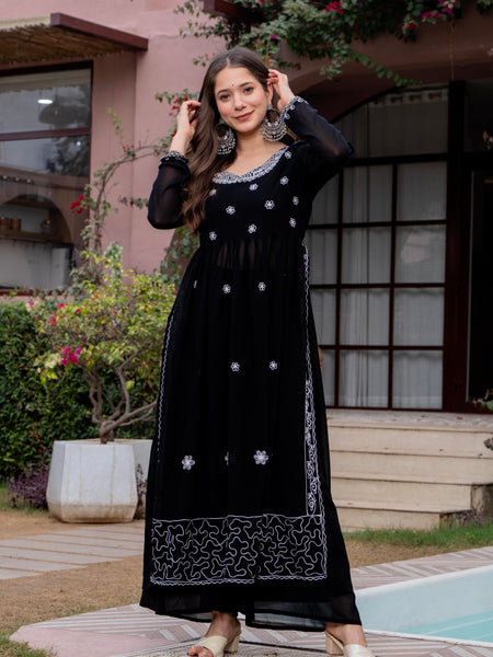 Poshak Hub Women Black georgette Aari work A-Line Kurta with Sharara