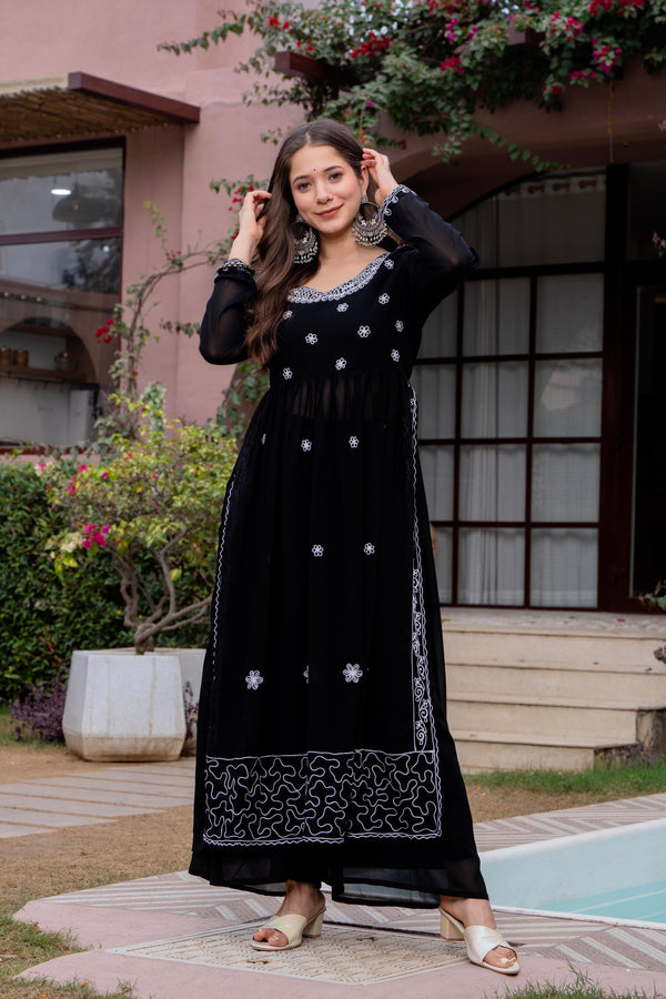 Poshak Hub Women Black georgette Aari work A-Line Kurta with Sharara