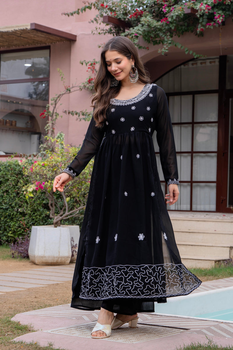 Poshak Hub Women Black georgette Aari work A-Line Kurta with Sharara