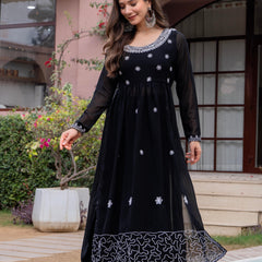 Poshak Hub Women Black georgette Aari work A-Line Kurta with Sharara