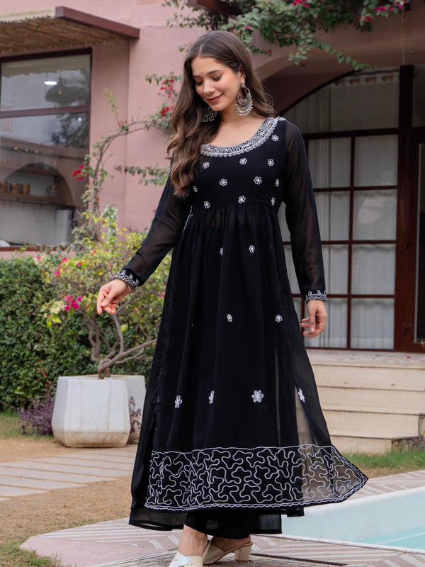 Poshak Hub Women Black georgette Aari work A-Line Kurta with Sharara