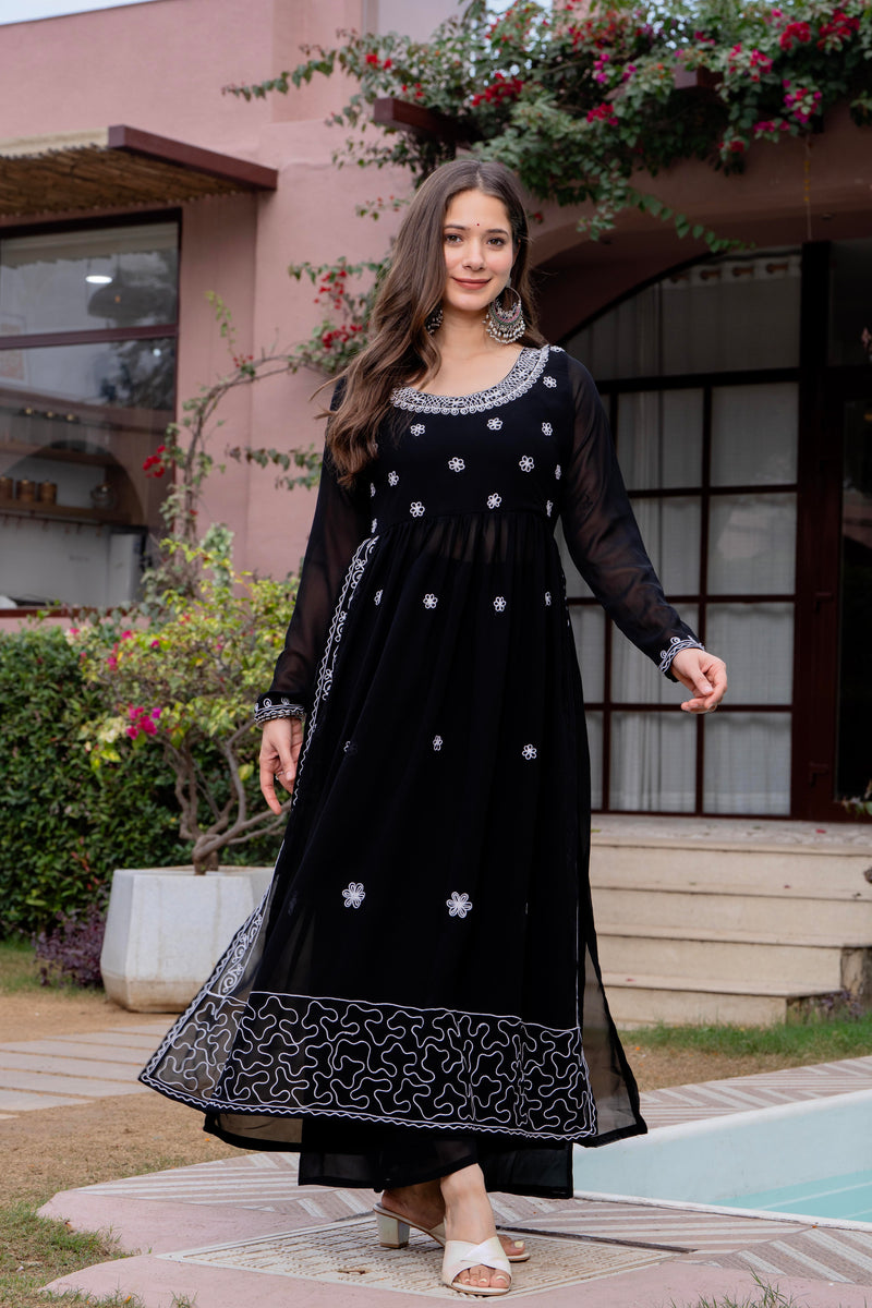 Poshak Hub Women Black georgette Aari work A-Line Kurta with Sharara
