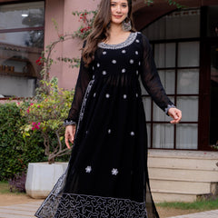 Poshak Hub Women Black georgette Aari work A-Line Kurta with Sharara