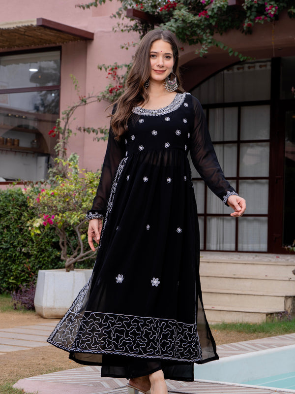 Poshak Hub Women Black georgette Aari work A-Line Kurta with Sharara