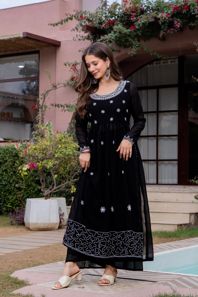 Poshak Hub Women Black georgette Aari work A-Line Kurta with Sharara