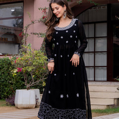 Poshak Hub Women Black georgette Aari work A-Line Kurta with Sharara