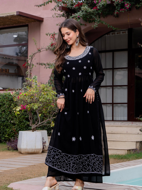 Poshak Hub Women Black georgette Aari work A-Line Kurta with Sharara