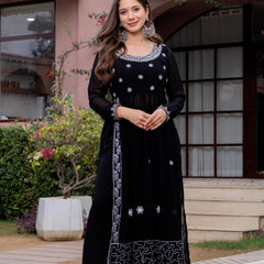 Poshak Hub Women Black georgette Aari work A-Line Kurta with Sharara