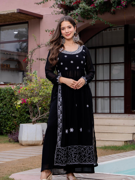 Poshak Hub Women Black georgette Aari work A-Line Kurta with Sharara