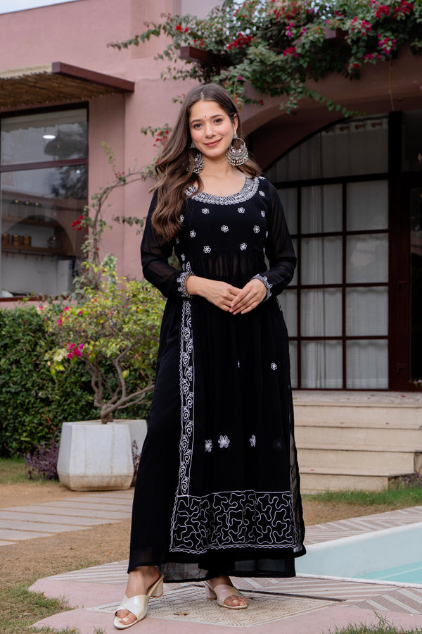 Poshak Hub Women Black georgette Aari work A-Line Kurta with Sharara