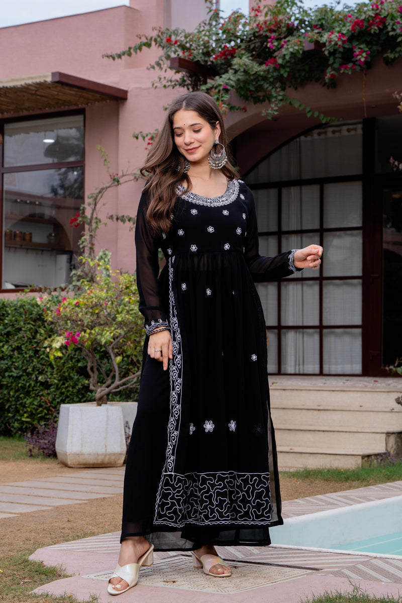 Poshak Hub Women Black georgette Aari work A-Line Kurta with Sharara