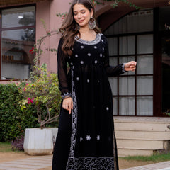 Poshak Hub Women Black georgette Aari work A-Line Kurta with Sharara